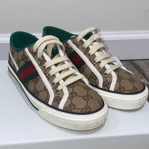 Gucci Beige and Green Monogram Sneakers